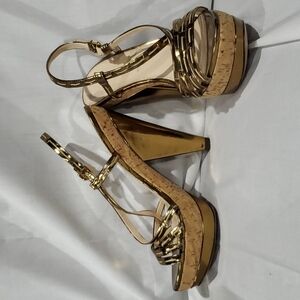 Prada gold cork platform heeled sandals gorgeous